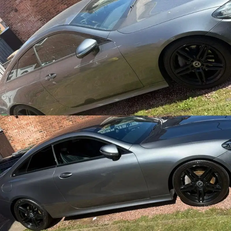 Before and after view of a grey Mercedes. Before shows a scratched and dull finish, after shows a glossy and restored finish.