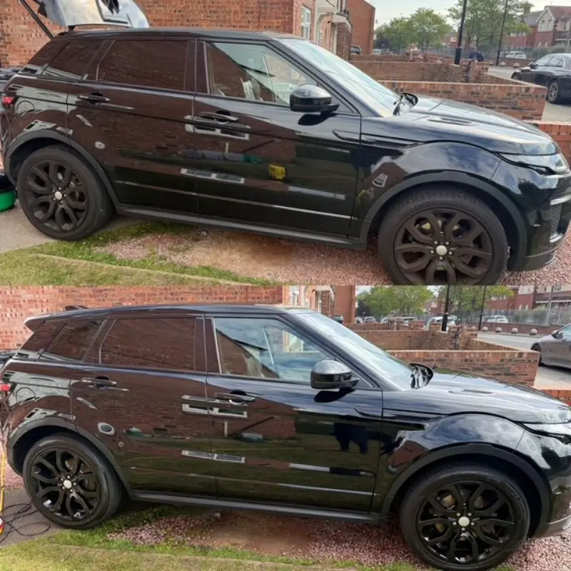 Before and after view of a black car. Before shows a dirty and dull finish, after shows a shiny and restored finish.
