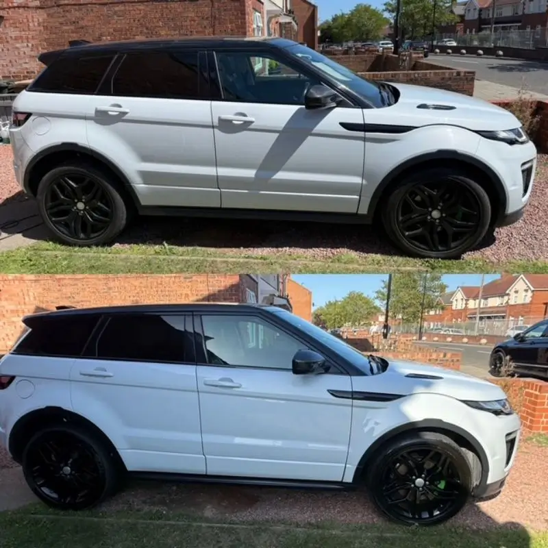 Before and after view of a white car. Before shows a dull finish, after shows a shiny and restored finish.