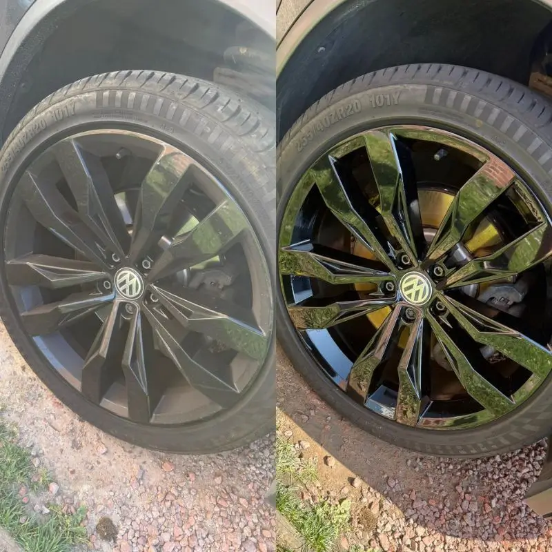 Before and after view of a Volkswagen wheel. Before shows a dirty and dull finish, after shows a shiny and restored finish.