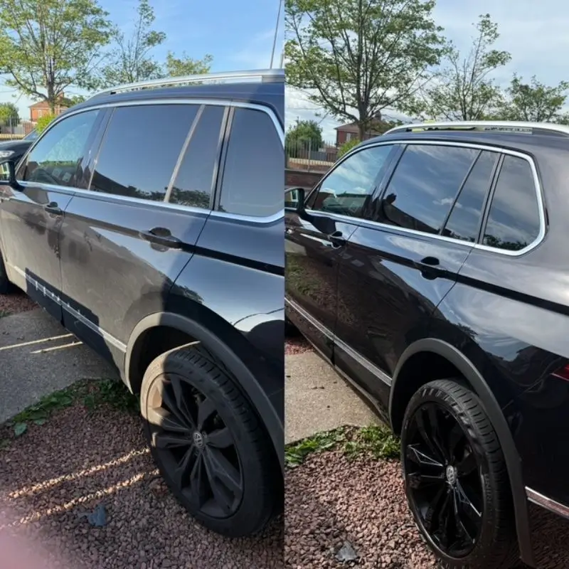 Before and after view of a black car. Before shows a dirty finish with visible swirl marks. After shows a shiny, clean and restored finish.
